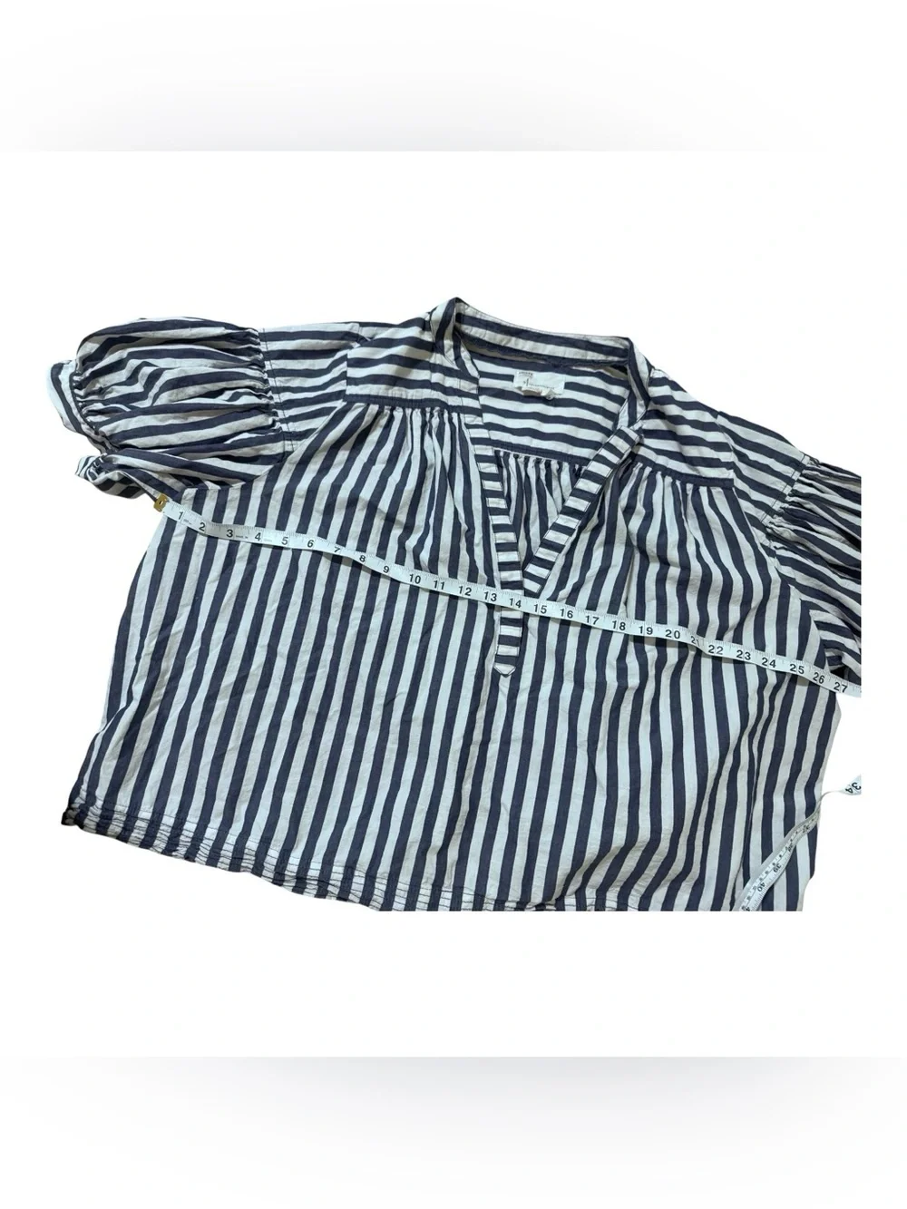 Anthropologie Navy & White Striped V-Neck Puff Sleeve Blouse